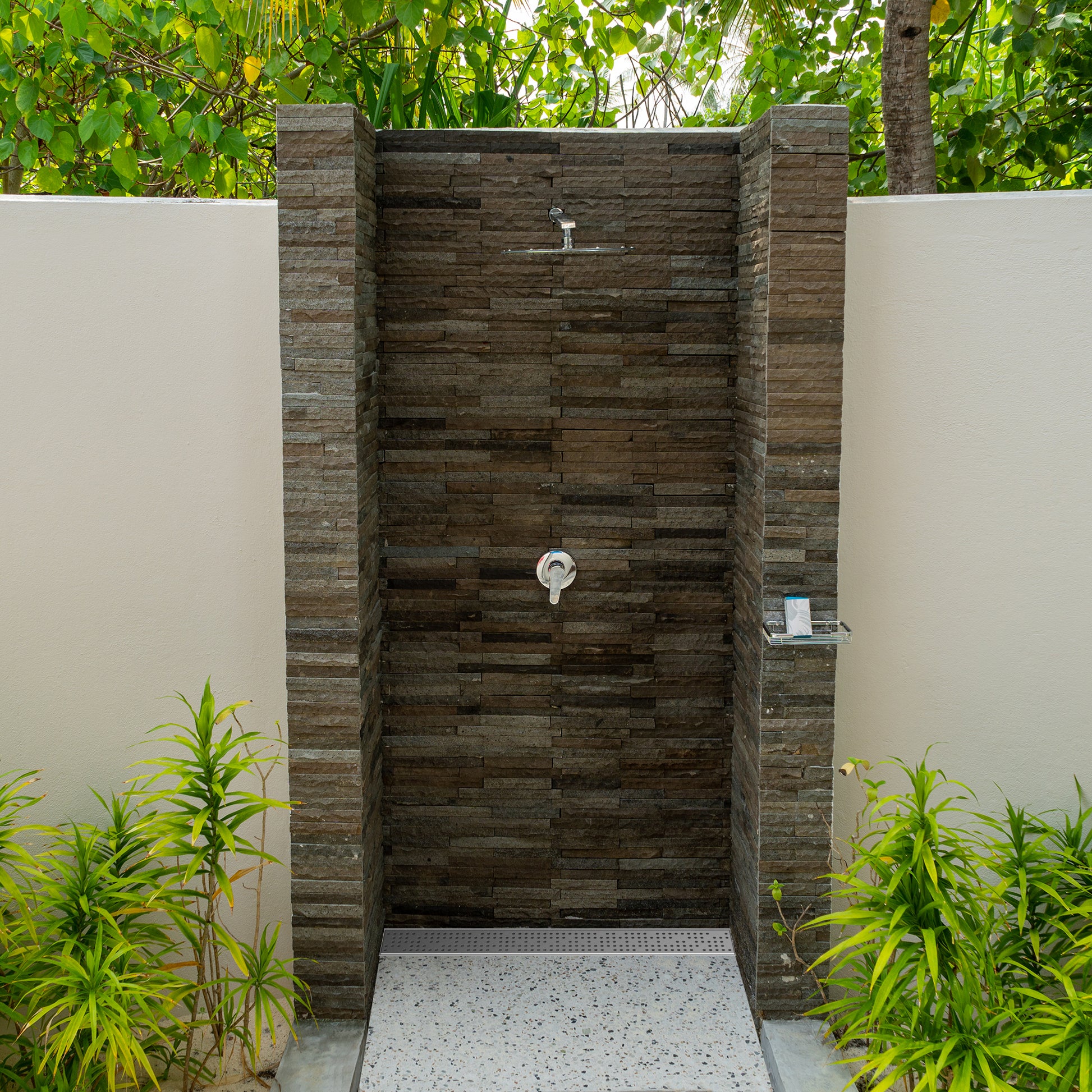 Shallow stainless balcony & patio drain outdoor shower