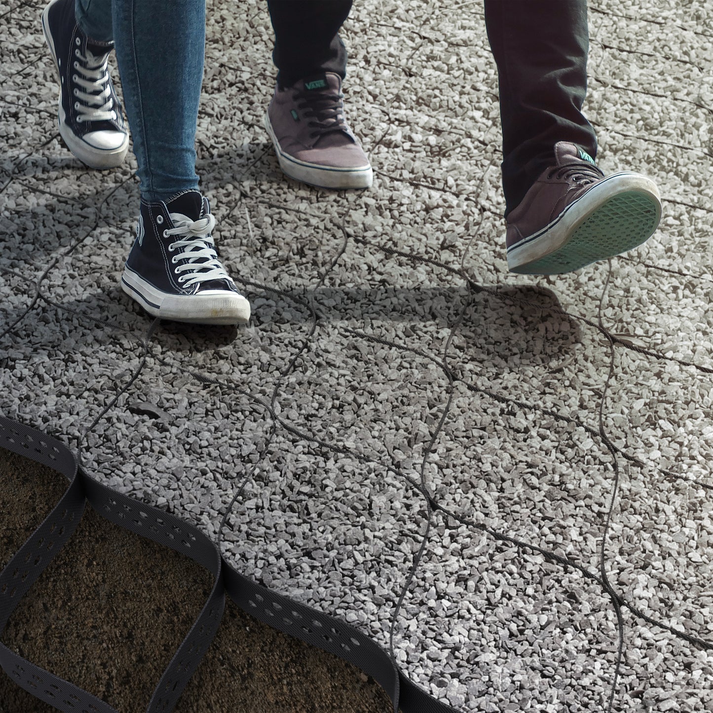 stepping on a geocell erosion control grid - gravel
