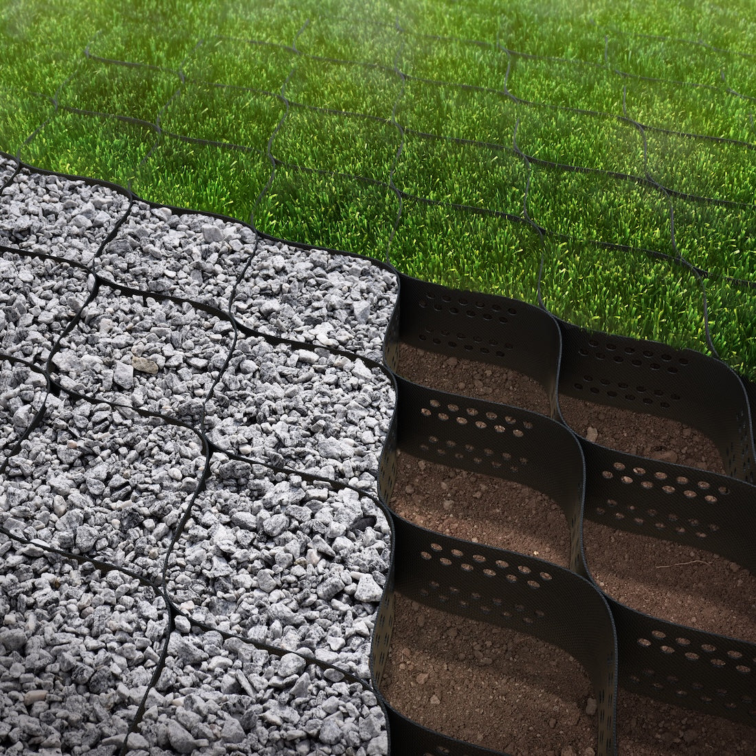 Geocell erosion control grid H100 between grass gravel and mud